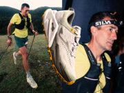 How Joma’s first trail running shoe has evolved Two images of a man, with a white running shoe superimposed over the top of both images. In the left image, the man is dressed in a yellow t-shirt, green shorts, and black running vest, and using poles. IIn the right picture, it is dark and the man is wearing a headtorch.