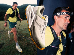 Two images of a man, with a white running shoe superimposed over the top of both images. In the left image, the man is dressed in a yellow t-shirt, green shorts, and black running vest, and using poles. IIn the right picture, it is dark and the man is wearing a headtorch.