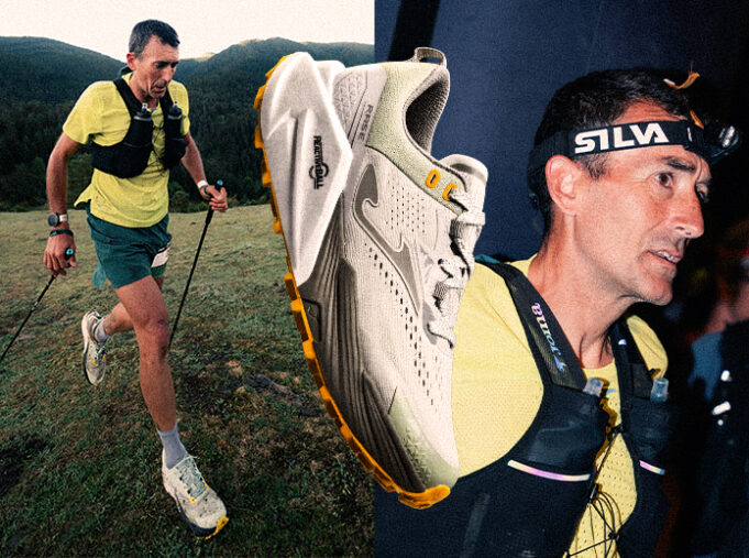Joma Miguel Heras Two images of a man, with a white running shoe superimposed over the top of both images. In the left image, the man is dressed in a yellow t-shirt, green shorts, and black running vest, and using poles. IIn the right picture, it is dark and the man is wearing a headtorch.