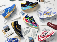 Six races bring their cities to Joma’s R-2000 All the shoe editions laid out on a white surface with leaflets showing plan designs