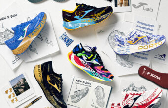Six races bring their cities to Joma’s R-2000 All the shoe editions laid out on a white surface with leaflets showing plan designs