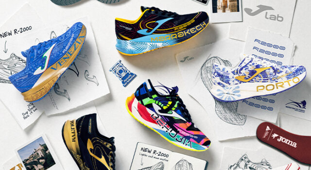 Six races bring their cities to Joma’s R-2000 All the shoe editions laid out on a white surface with leaflets showing plan designs