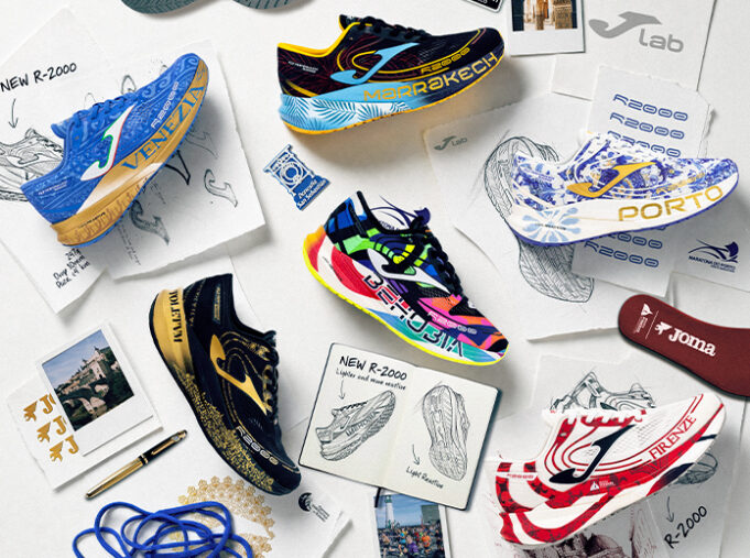 All the shoe editions laid out on a white surface with leaflets showing plan designs
